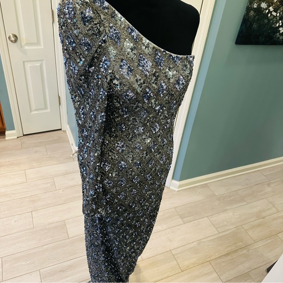 NWT Mac Duggal Sz 6 5479 Embellished One Shoulder Asymmetrical Gown Slate $798 - Picture 16 of 17